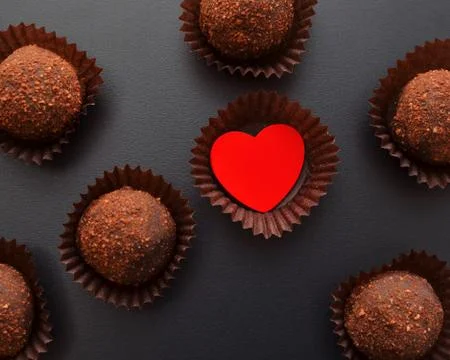 Chocolate sweets in wrapper with red heart over black background Stock Photos