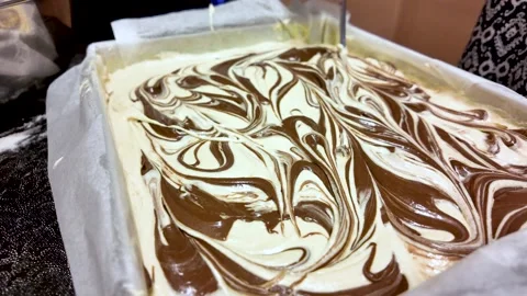 Chocolate Swirl Cake Batter In Baking Pan Ready For Oven Delicious Dessert For Stock Footage 322590712