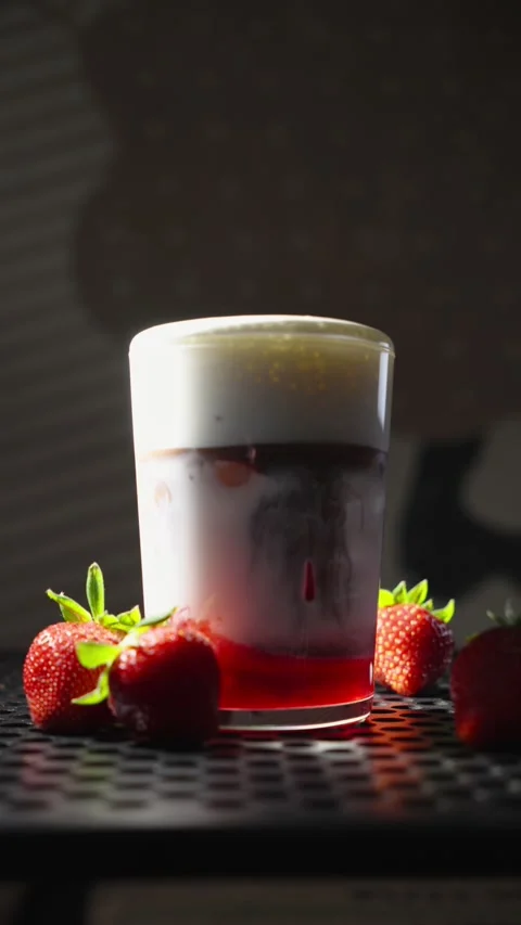 Chocolate Syrup Swirling Through Layered Strawberry Milk Drink Stock Footage 338233644