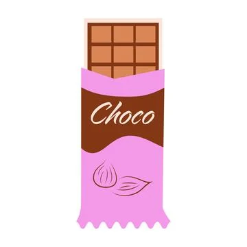 Chocolate tablet in open package in flat design. Sweet snack in wrapper. Vect Stock Illustration