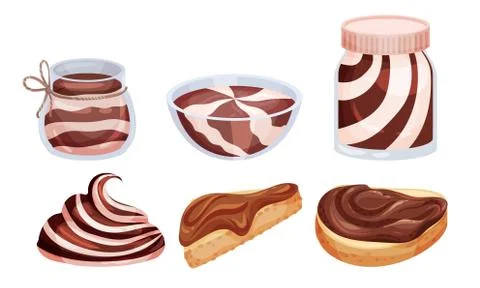 Chocolate Thick Paste in Bowl and Spreaded on Bread Vector Set Stock Illustration