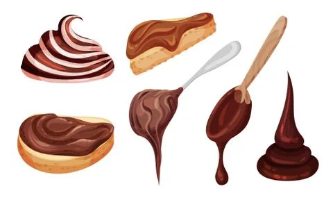 Chocolate Thick Paste on Spoon and Spreaded on Bread Vector Set Illustrazione stock