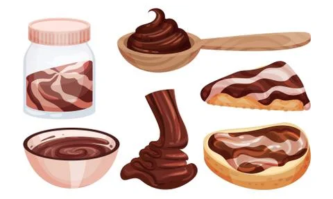 Chocolate Thick Paste on Spoon and Spreaded on Bread Vector Set Illustrazione stock