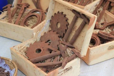 Chocolate tools, gears in wooden box Stock Photos