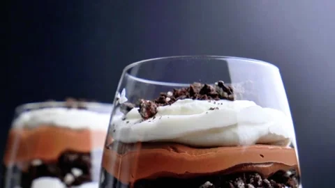 Chocolate Trifle Mousse Cake with Coffee Whipped Cream Dessert Stock Footage 342583453