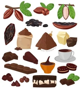 Chocolate vector cartoon cocoa choco sweet food from coco-beans cake confection Illustrazione stock