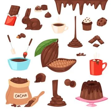 Chocolate vector cartoon cocoa choco sweet food from cocoa-beans cake confection Illustrazione stock