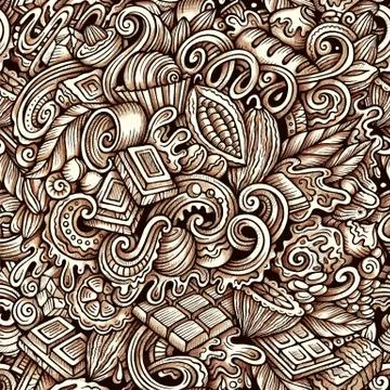 Chocolate vector hand drawn doodles seamless pattern. Illustrazione stock
