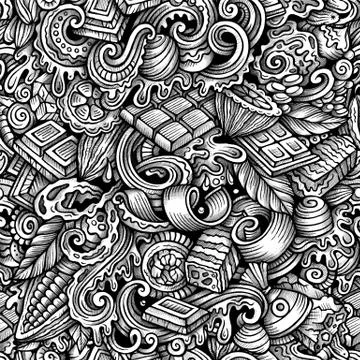 Chocolate vector hand drawn doodles seamless pattern. イラスト素材