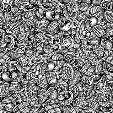 Chocolate vector hand drawn doodles seamless pattern. Illustrazione stock