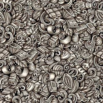 Chocolate vector hand drawn doodles seamless pattern. 库存插图