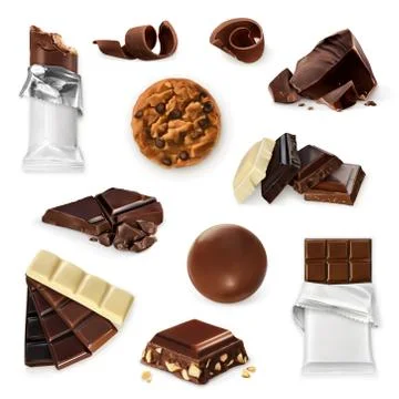 Chocolate, vector icon set. Different kinds of cacao products: energy bar, ca Stock Illustration