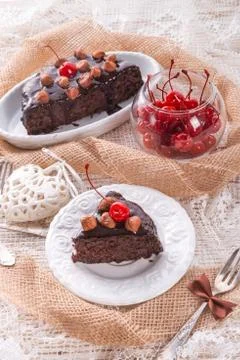 Chocolate Walnut cake with cherries Stock Photos
