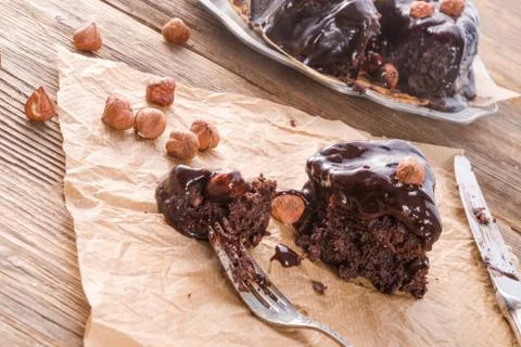 Chocolate Walnut cake with cherries Stock Photos