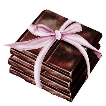 Chocolate watercolor. Stack of gift chocolate with a bow. Hand drawn slice of Stock Illustration