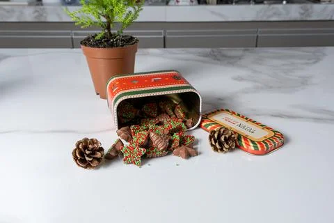 Chocolates in different shapes emerging from a cookie tin fronto view. Stock Photos