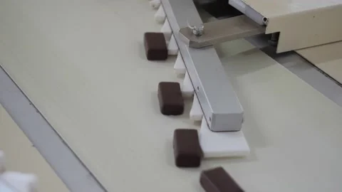 Chocolates moving along a conveyor line in a factory  Video stock 146161279