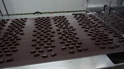 Chocolates moving along a conveyor line in a factory  Video stock 146161678