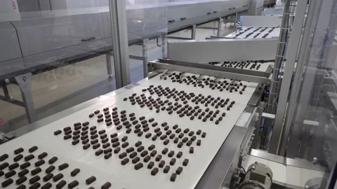 Chocolates moving along a conveyor line in a factory  Video stock 146161893