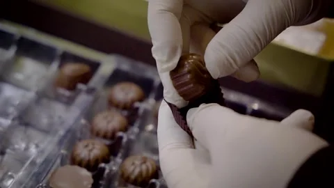 A chocolatier placing single special chocolates inside a chocolate box 스톡 동영상 278489845