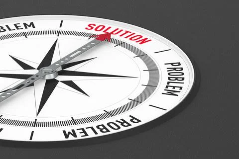 Choice between solution and problem. Compass on black background. Isolated 3D Stock Illustration