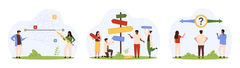 Choice of easy way, right solution strategy set, tiny people choose path and Stock Illustration