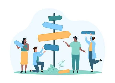 Choice of path direction, solutions search, information guide, tiny people 스톡 일러스트