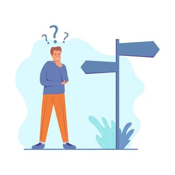 Choice way signpost.Man standing difficult choice.Where is the direction to g Stock Illustration