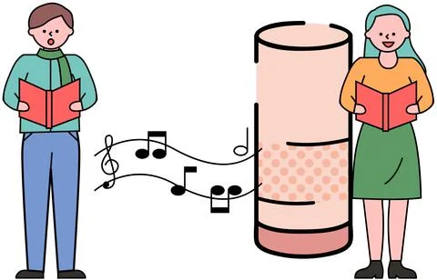 Choir performs with audio device. Young people singing with music from portable Stock Illustration