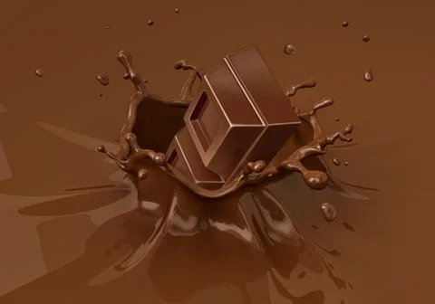 Chok blocks falling into liquid chocolate splashing. Stock Illustration