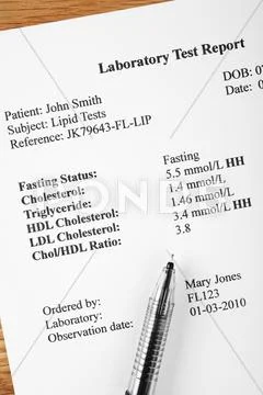 Cholesterol laboratory report Stock Photos