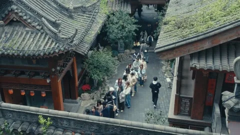 Chongqing Luohan Temple Overhead View of Long Queue of Visitors in Narrow Video stock 336276467