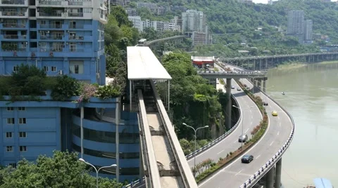 Chongqing monorail with highways Stock Footage 67734971