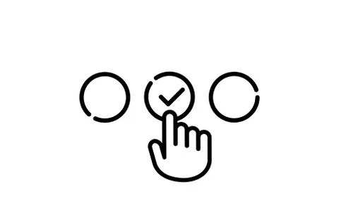 Choose the correct answer icon. Hand cursor with check mark. Vector on isolat Stock Illustration