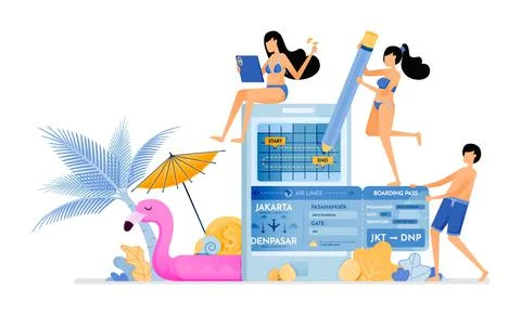 Choose flight ticket return schedule during summer vacation on tropical islan Illustrazione stock