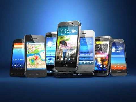 Choose mobile phone. Row of the different smartphones on blue background. Stock Illustration