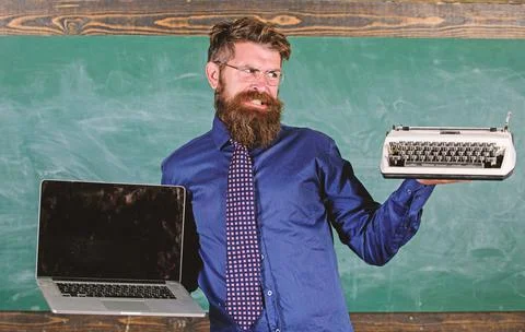 Choose right teaching method. Digital against retro. Modern technologies benefit Stock Photos
