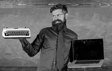 Choose right teaching method. Digital against retro. Modern technologies benefit Stock Photos