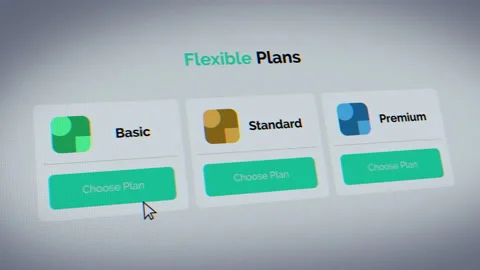 Choosing the basic plan in the user interface subscription table.List 3 options Stock Footage 185621666