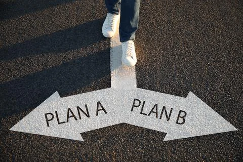 Choosing between Plan A and Plan B. Man near pointers on road, closeup view Stock Photos