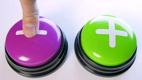 Choosing between Plus or Minus buttons, mathematical symbol. Calculation, + or - Stock Footage 145974612