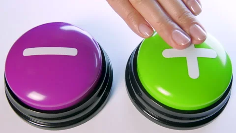 Choosing between Plus or Minus buttons, mathematical symbol. Calculation, + or - Stock-Footage 145977048