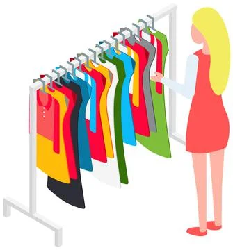 Choosing clothes in store, shopping concept. Female buyer chooses clothing in Stock Illustration