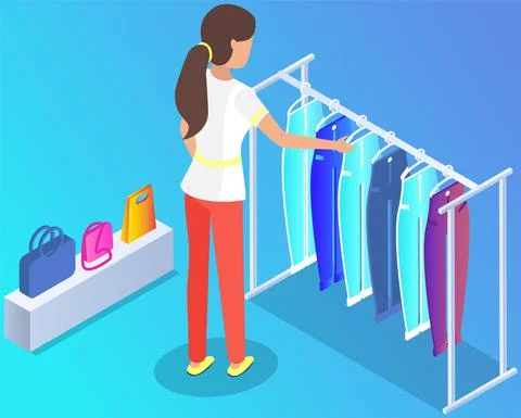 Choosing clothes in store, shopping concept. Female buyer chooses clothing in Stock Illustration