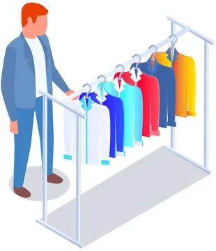 Choosing clothes in store, shopping concept. Male buyer chooses clothing in Stock Illustration