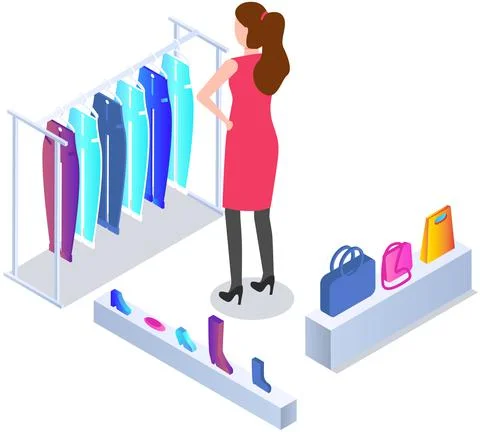Choosing clothes in store, shopping concept. Female buyer chooses clothing in Stock Illustration