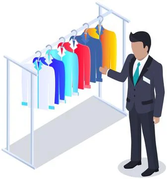 Choosing clothes in store, shopping concept. Male buyer chooses clothing in Stock Illustration