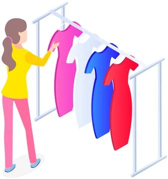 Choosing clothes in store, shopping concept. Female buyer chooses clothing in Stock Illustration