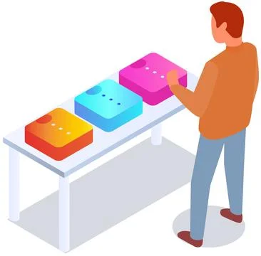 Choosing clothes in store, shopping concept. Male buyer chooses clothing in Stock Illustration