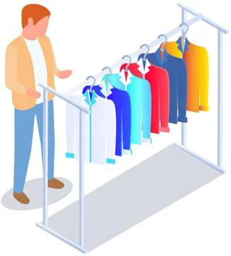 Choosing clothes in store, shopping concept. Male buyer chooses clothing in Stock Illustration